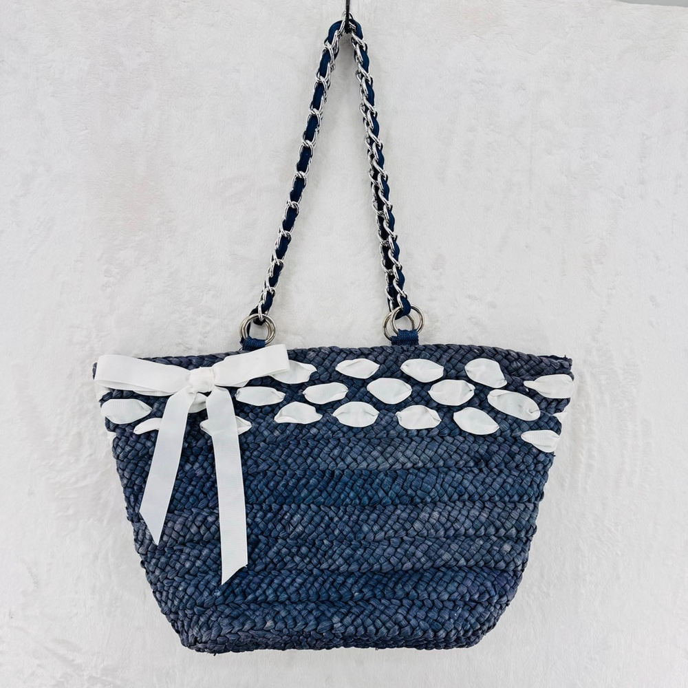 Blue Woven Straw Tote Bag White Ribbon Bow & Laced Chain Double Straps Vintage